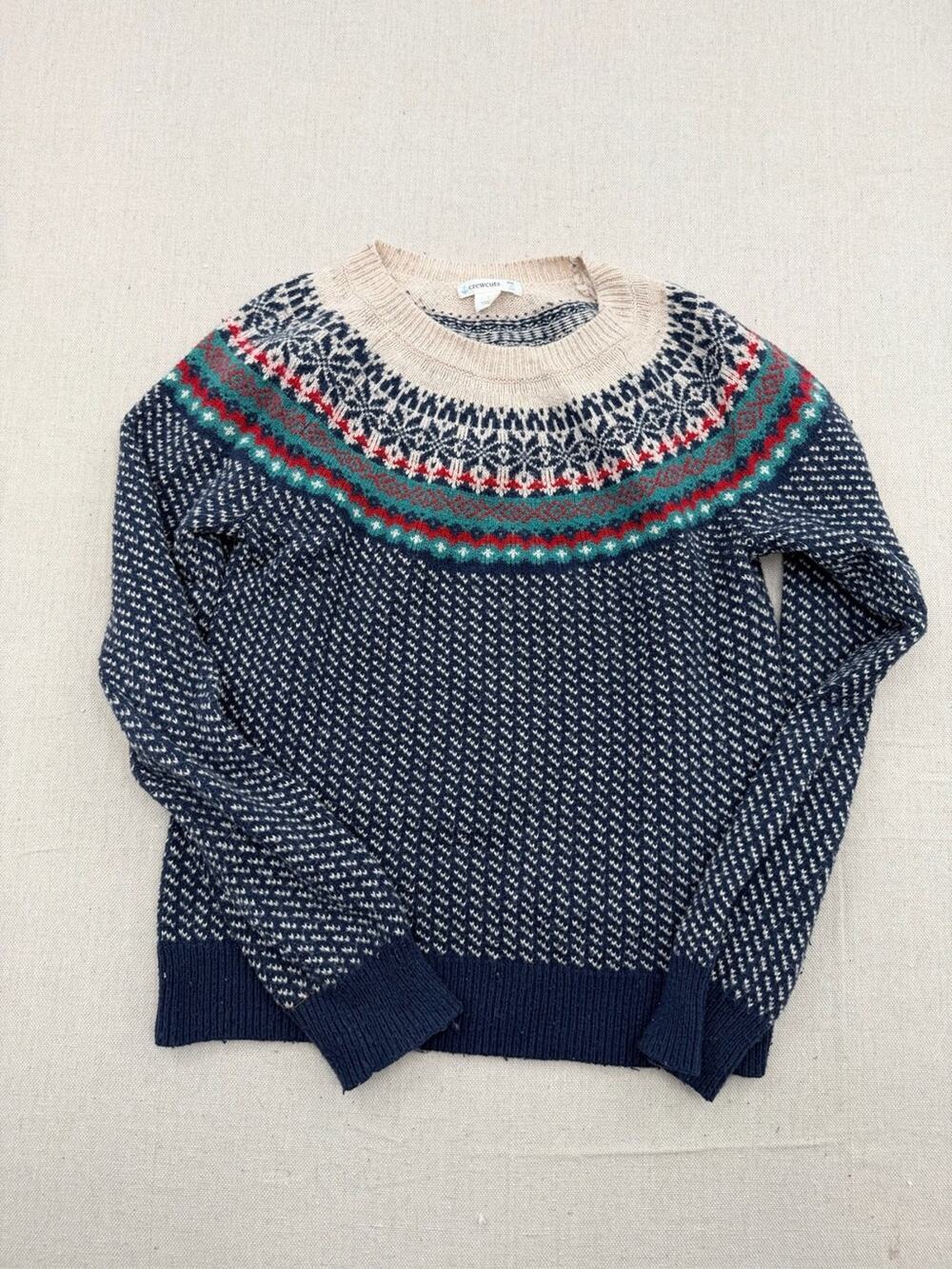 Crewcuts Navy Fair Isle Crewneck Sweater with Cream, Green & Red Accents